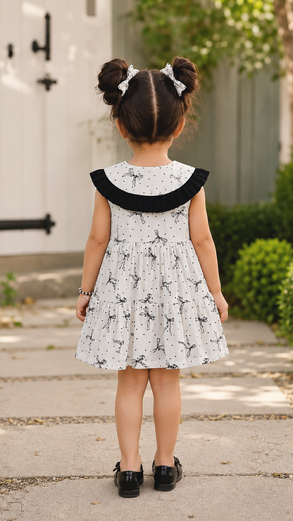 back view of baby girl wearing black & white polka bow dress with peterpan frill collar, cute tiered dress.
