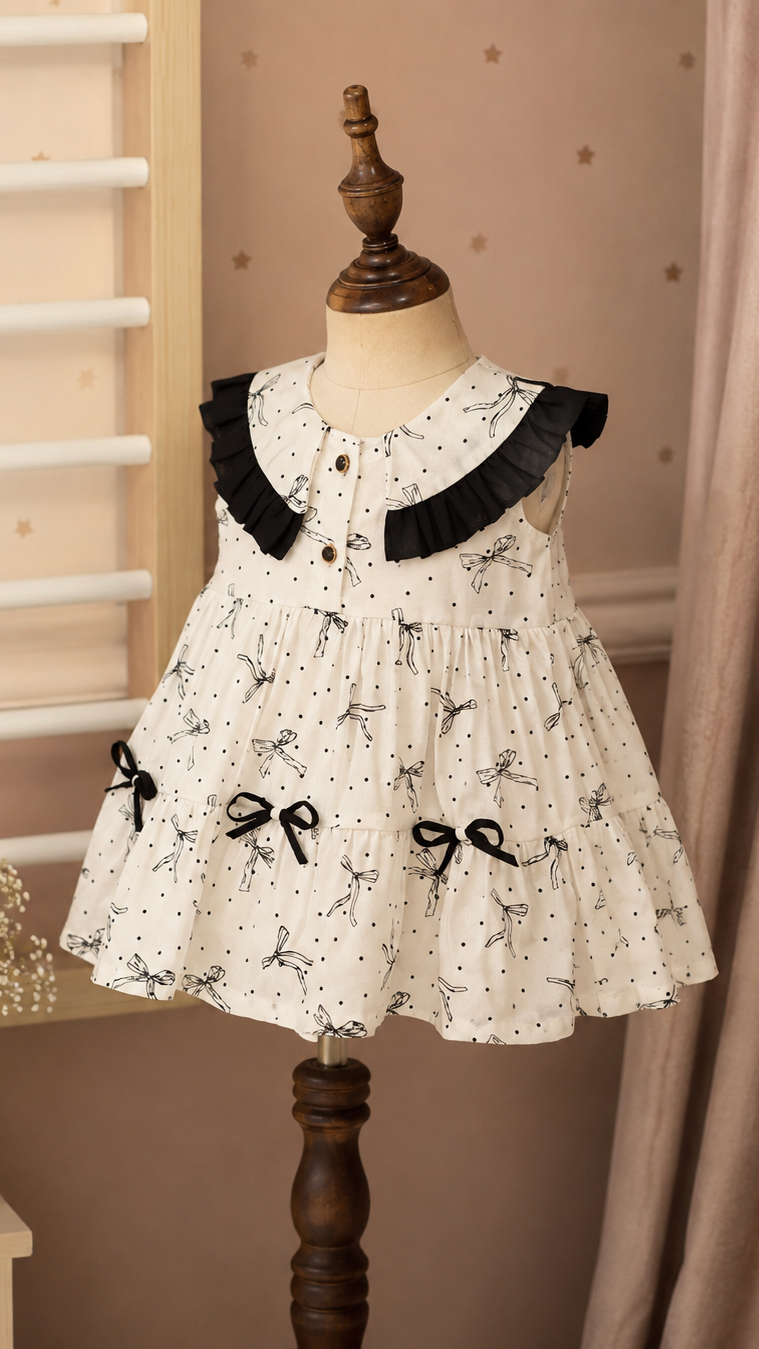 A sleeveless white baby dress with a black bow print, peter pan ruffled collar, and black bow details, displayed on a wooden dress form in a styled room setting.