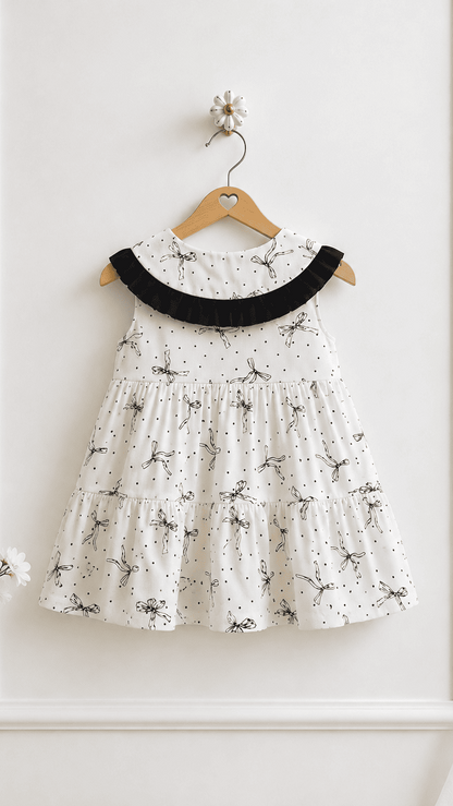 BACK HANGER VIEW OF POLKA BOW DRESS BY SOLIESSE, IT HAS CUTE CONTRAST BLACK COLOR FRILL DETAIL ON COLLAR, & BOW DETAILING . ALLOVER BOW PRINT WITH BUTTON DOWN OPENING IN FRONT. TODDLER SUMMER DRESS.