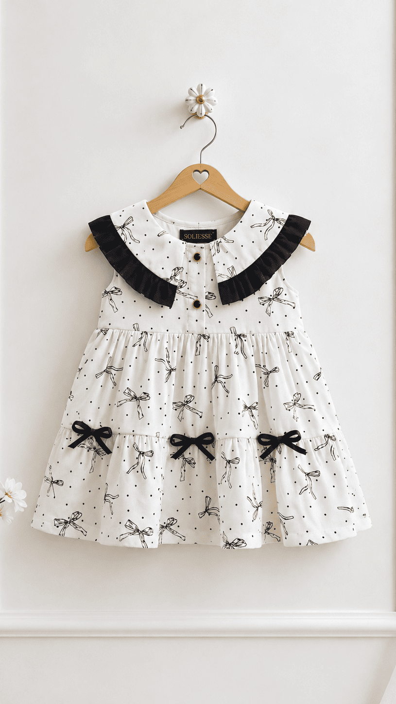 FRONT HANGER VIEW OF POLKA BOW DRESS BY SOLIESSE, IT HAS CUTE CONTRAST BLACK COLOR FRILL DETAIL ON COLLAR, & BOW DETAILING . ALLOVER BOW PRINT WITH BUTTON DOWN OPENING IN FRONT. TODDLER SUMMER DRESS.