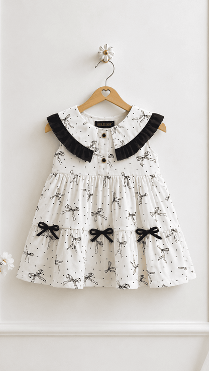 FRONT HANGER VIEW OF POLKA BOW DRESS BY SOLIESSE, IT HAS CUTE CONTRAST BLACK COLOR FRILL DETAIL ON COLLAR, & BOW DETAILING . ALLOVER BOW PRINT WITH BUTTON DOWN OPENING IN FRONT. TODDLER SUMMER DRESS.