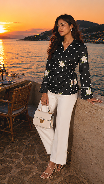 Woman posing naturally in a black polka floral wrap top with white trousers near the lakeside during golden hour sunset.