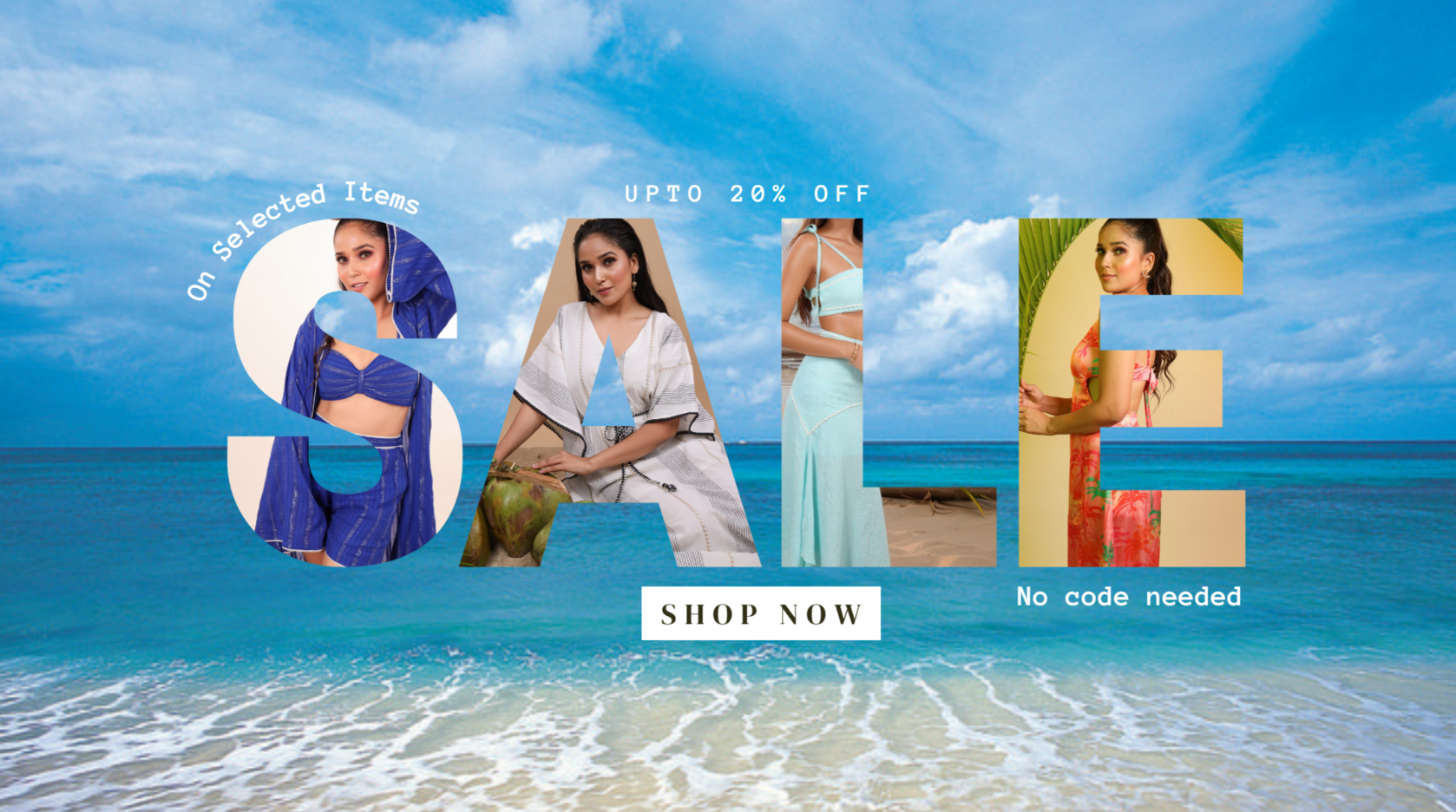 Promotional banner with 'SALE' text and women in various outfits against a beach background.