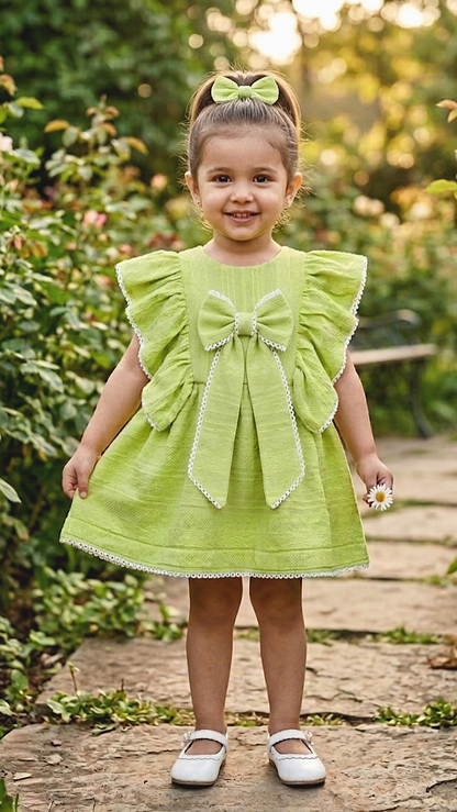 Cute baby girl green summer dress with big bow and frill sleeves