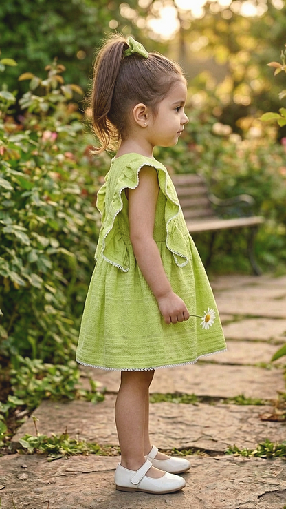 Kids summer dress green with front bow and textured cotton fabric