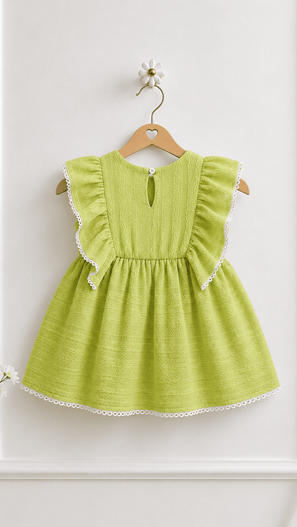 Green color summer dress for toddlers, back view on hanger, princess ruffle with lace edges, keyhole opening. perfect for summer vacation or picnics.