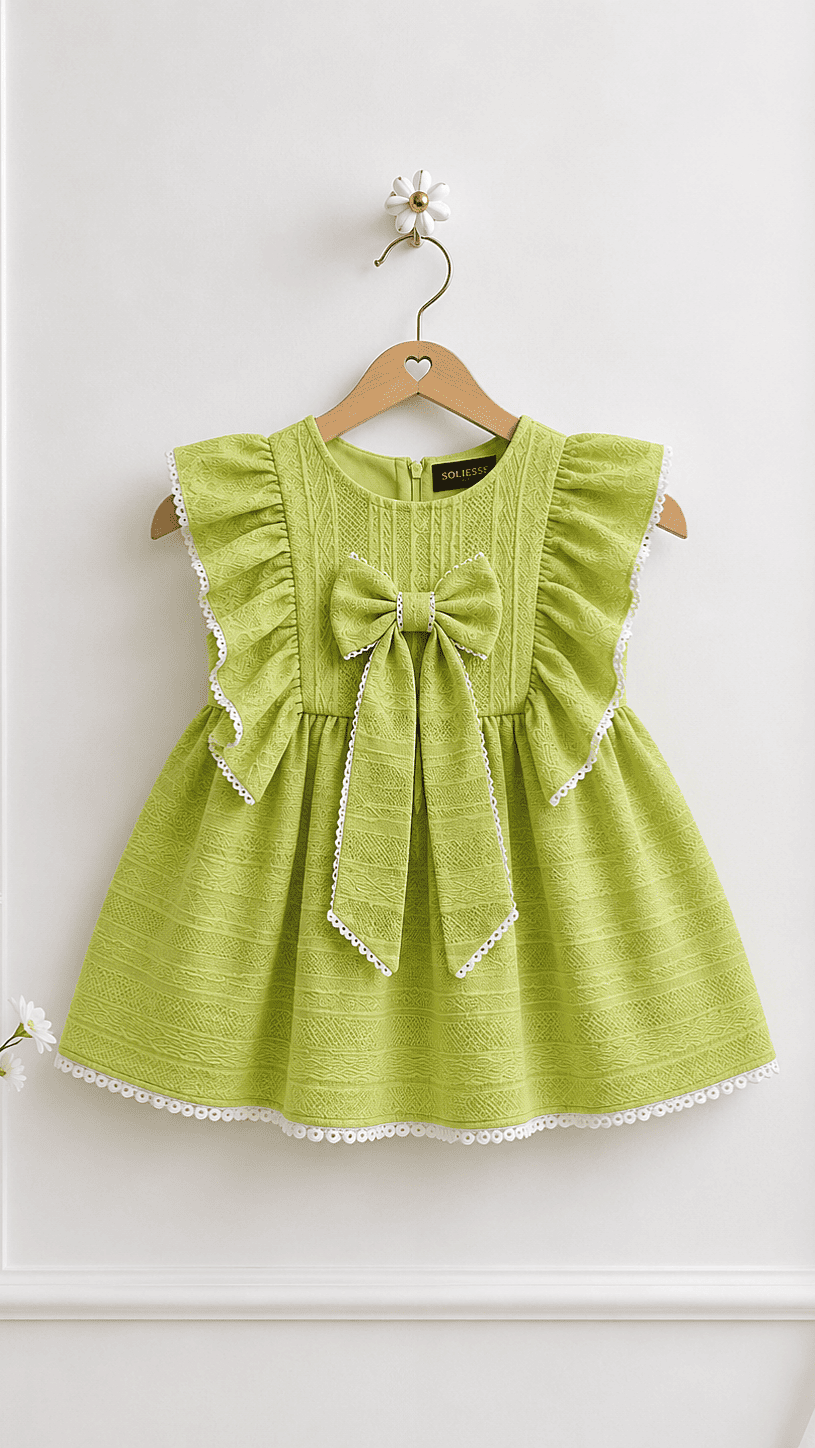Fern green bow toddler dress by soliesse, ruffle detailing, scallop lace edges, big bow, cotton dobby fabric. Summer dress, picnic dress.