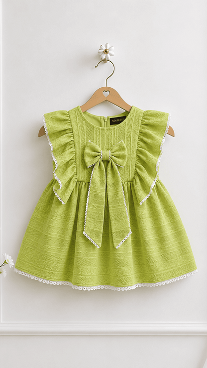 Fern green bow toddler dress by soliesse, ruffle detailing, scallop lace edges, big bow, cotton dobby fabric. Summer dress, picnic dress.