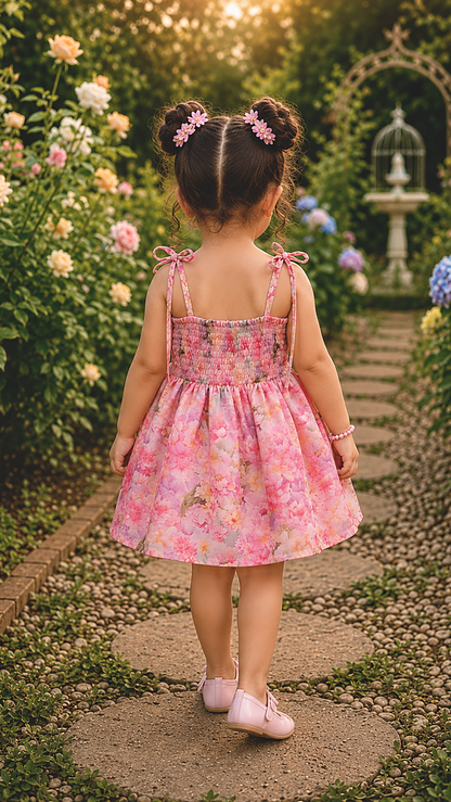 Young girl in a pink floral dress walking through a garden path with flowers on either side., dress by soliesse.