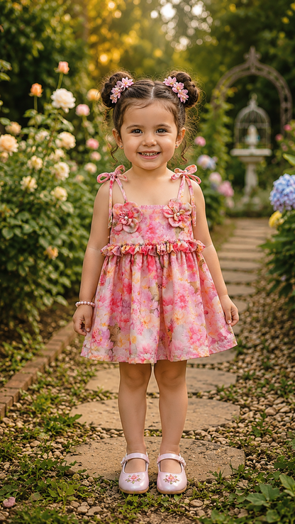 Toddler wearing a short floral georgette dress, in a garden.
