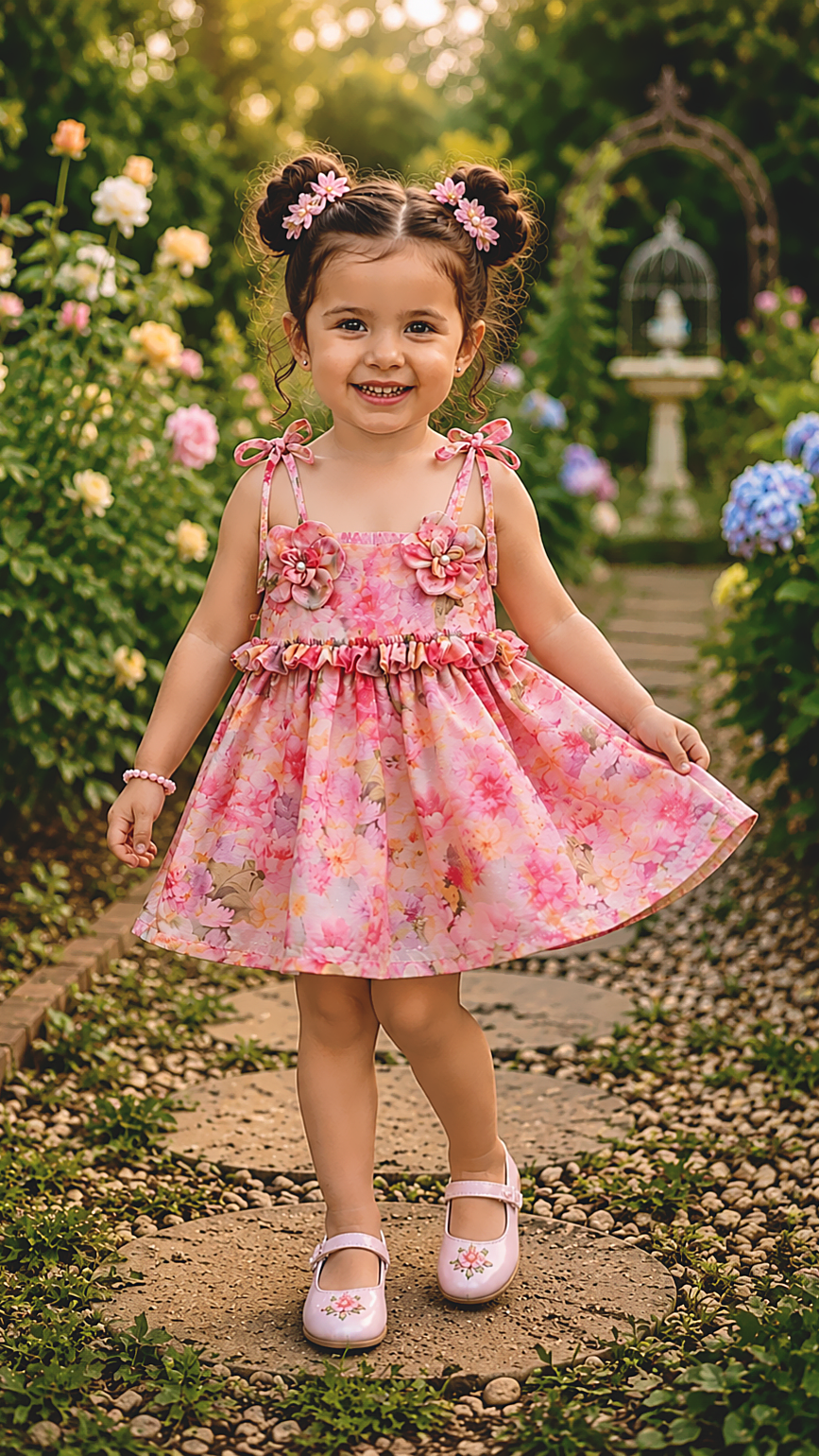Cute little girl in floral dress, pink color print. Summer dress or kids by soliesse.
