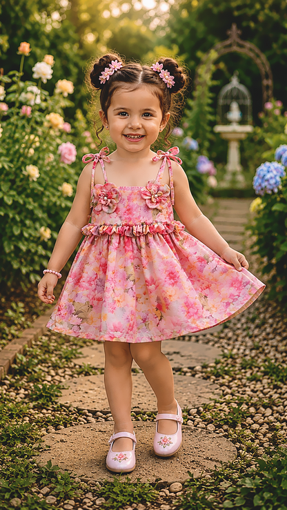 Cute little girl in floral dress, pink color print. Summer dress or kids by soliesse.
